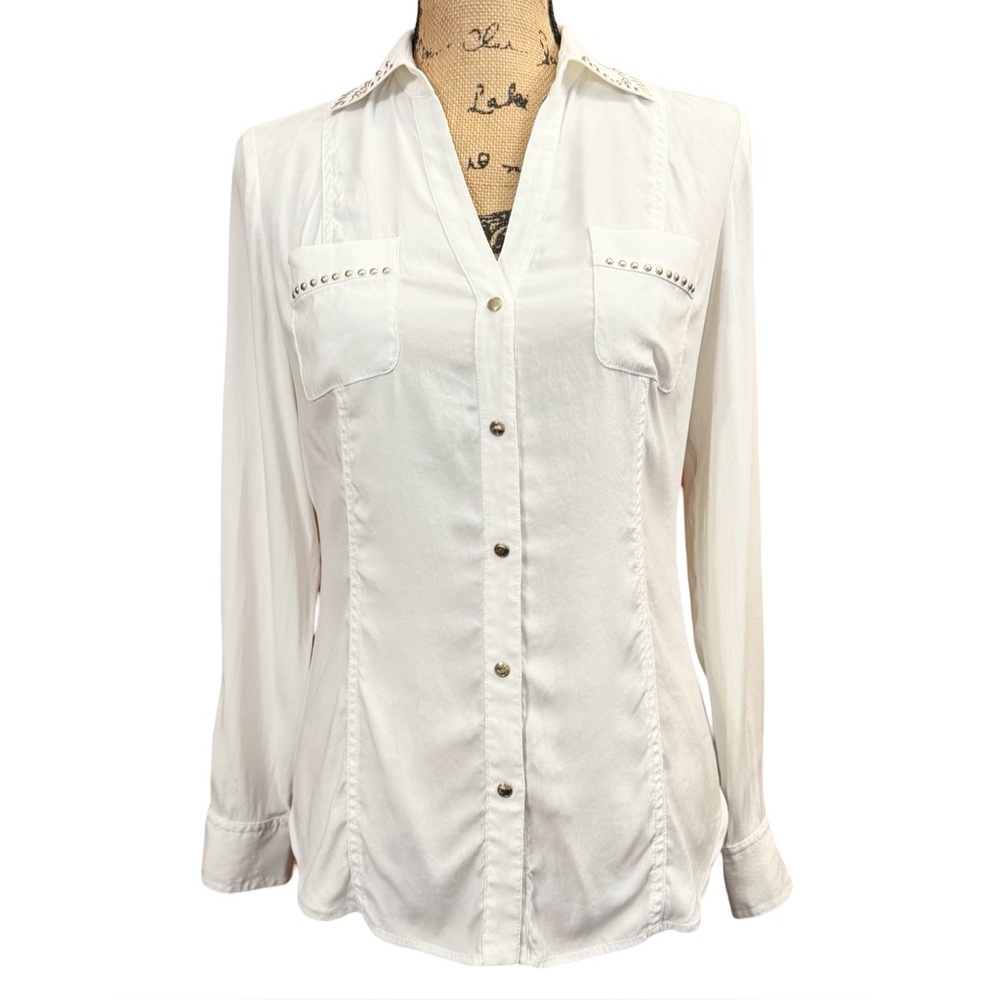 Cache Cream V-Neck Button Down With Gold Studs Size S